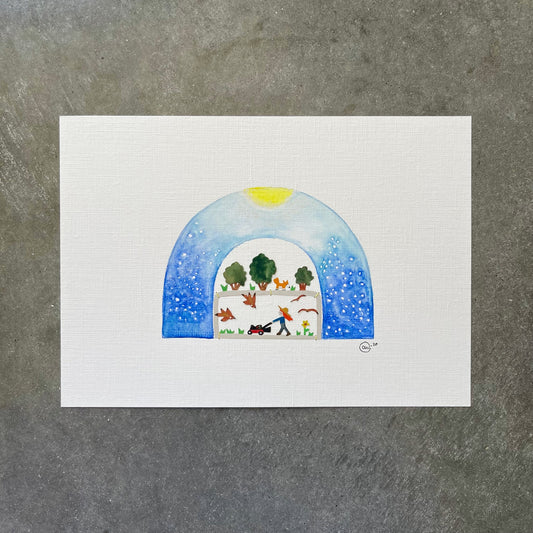 "Fox and the Lawn Mower," Original Artwork ©